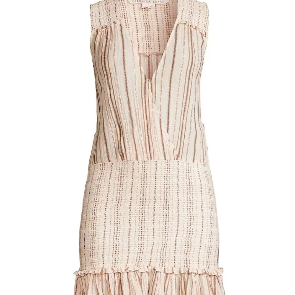Veronica Beard Cox Sleeveless Smocked Mini Dress Cream Stripes
